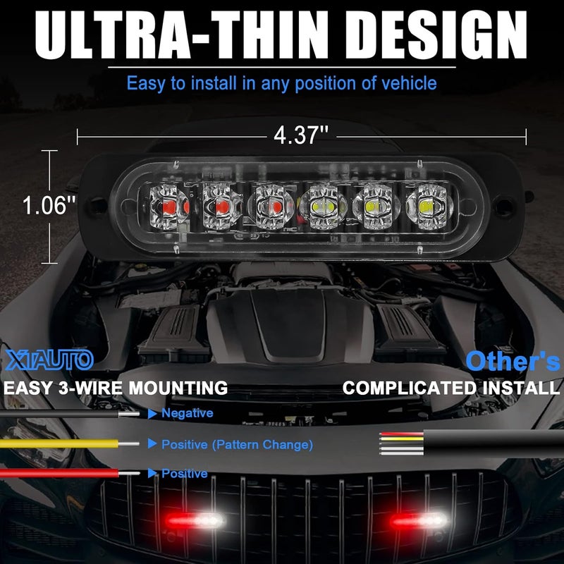 XTAUTO 10pcs LED Emergency Strobe Light, Red White 6-LED Ultra Slim Surface Mount Flashing Warning Beacon Hazard Construction Caution Grille Light Bar for Truck Car Off Road Vehicles - Image 5